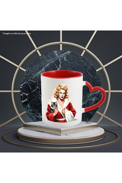 StoryGift Romania Mug with a woman holding a cat, illustration, blonde, capod, white and red with M, Cu, STG