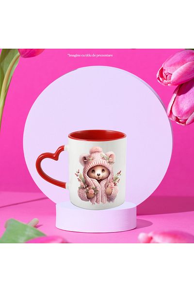 StoryGift Romania Mug with a thickly dressed bear | illustration | flowers | nature | outside | cold | coat, With ,STG.