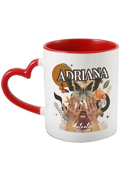 StoryGift Romania Mug With Name Adriana, Girl Collage, Butterfly, Flowers, Circle, 330ml, Ceramic with Handle, With ,STG.