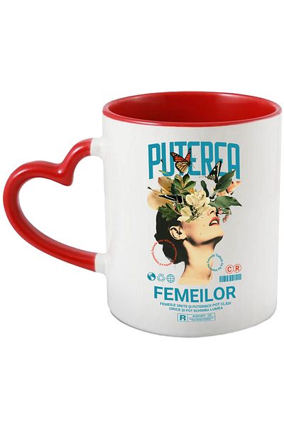 StoryGift Romania Cana Puterea Femeilor - Portret Fata Cu Flori Si Fluturi, 330ml, Ceramica Cu Man, Cu ,stg