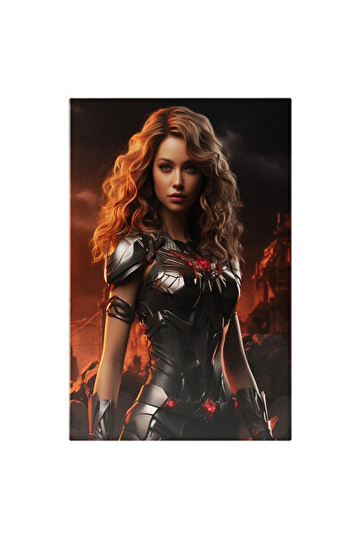 StoryGift Romania Tablou Canvas: Portret Super Erou Femeie Cu Costum De Fier Intre Ruine Cer Rosu Pictura Digital