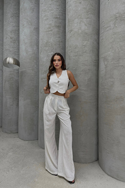 Bliss Women's White Linen Top and Bottom Set – Wide Leg Pants & Vest