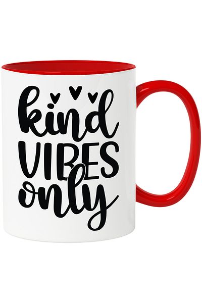 StoryGift Romania Mug with hearts and the text "Kind vibes only" - only good vibes, kindness with M, Cu, STG.