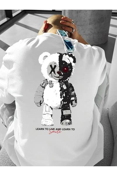 LAND MODA Streetwear Graphic Tee for Men - Black Loose Fit Round Neck, Geometric Bear