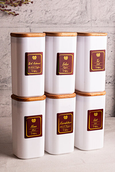 Snippy Boxy Beyaz - 6'lı Ahşap Vakumlu Kapaklı Etiketli Baharatlık Takımı 350 ml - Erzak Saklama Kabı Seti