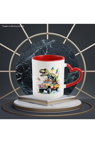 StoryGift Romania Mug with a dinosaur sitting in the trunk of an off-road vehicle, illustration, on, With,STG.