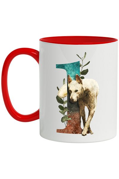 StoryGift Romania Mug With Wolf, Plant, Animal, L, Multicolor 330 ml, Ceramic with Red Handle, With R Handle, STG.