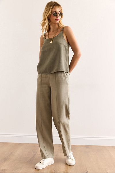 Olalook Women's Khaki Elastic Waist Front Stitched Washable Buckle Linen Trousers Pnt-19000342