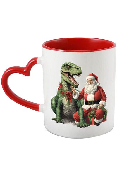 StoryGift Romania Mug with Santa Claus standing next to a green dinosaur with sharp teeth | illustr., Cu,STG.