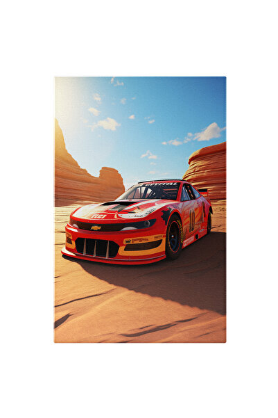 StoryGift Romania Tablou Canvas: Masina Sport De Curse Rosie Cu Modele In Desert Cu Rotile Negre Si Autocolante