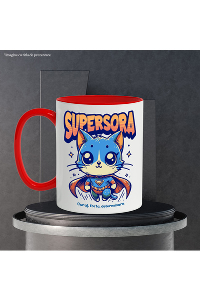 StoryGift Romania Super Sister Mug, Superhero, Flying Cat, 330ml, Ceramic with Red Handle, With Ro Handle, STG.
