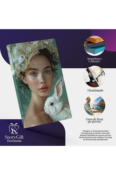 StoryGift Romania Canvas Print Cute Girl with Green Eyes and Freckles with White Hat and Brown Hair with a Rabbit