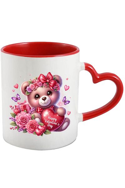 StoryGift Romania Mug with a cheerful teddy bear holding a heart in its arms that says "Happy Valenti, With, STG.