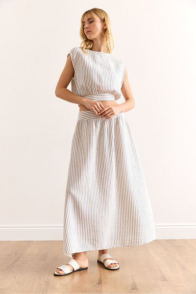 Olalook Women's Blue Striped Side Zipper Midi Bell Muslin Skirt Etk-19000320