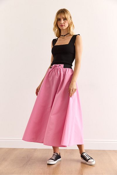 Olalook Women's Pink Black Banded Front Slit Lace up Midi Bell Skirt Etk-19000321