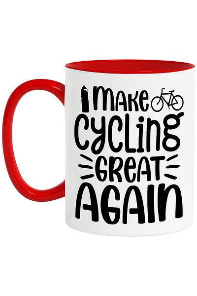 StoryGift Romania Mug With A Bicycle And The Message "I'm Making Cycling Great Again" With Red Handle, With M,stg