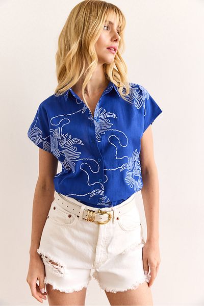 Olalook Women's Chain Saks Blue Patterned Linen Bat Shirt Gml-19001129