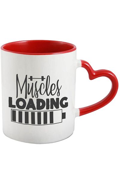 StoryGift Romania Mug for those who spend a lot of time at the gym - the text "Muscles are loading" with M, Cu, STG.