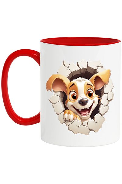 StoryGift Romania Mug with a puppy sticking its head out of a wall, illustration, cheerful, playful, ave, With ,STG.