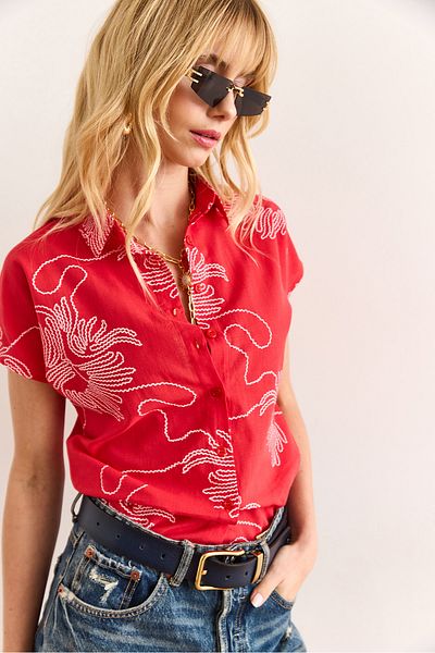 Olalook Women's Chain Red Patterned Linen Bat Shirt Gml-19001129