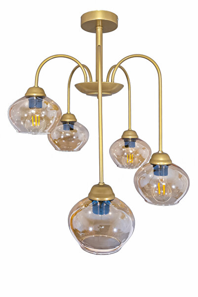 Fer Avize Dora 5 Li Avize Dekoratif Tasarım Modern Kollu Camlı Avize Oturma Odası Yemek Odası Salon