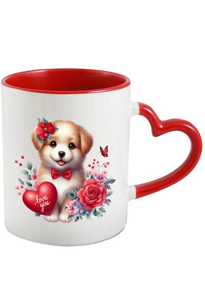 StoryGift Romania Mug with a cheerful puppy | illustration | heart with the message "Love you" | illustration, With ,STG.