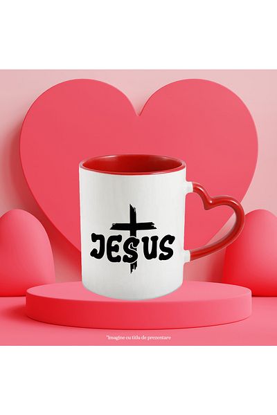 StoryGift Romania Mug with a cross and the text "Jesus" - Jesus repents kindness with Red Heart Handle, With,STG.