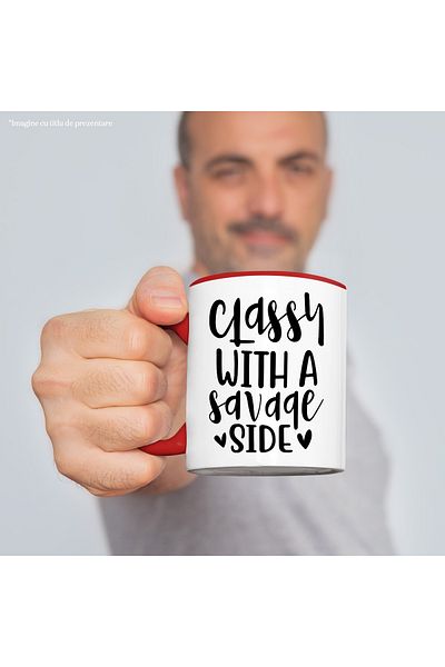 StoryGift Romania Mug with the text "Elegance with a wild side" - hearts with Red Handle, With Ro Handle, STG.