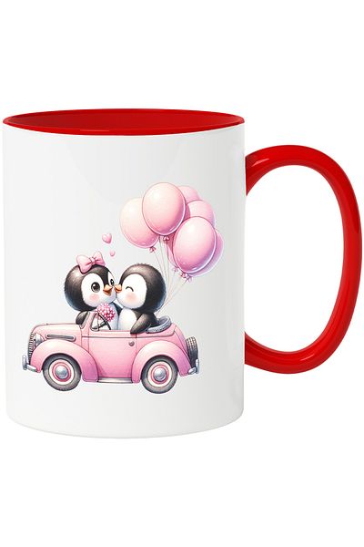 StoryGift Romania Mug with 2 penguins riding in a car | illustration | balloons | escape in , With ,STG .