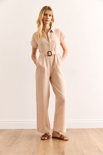 Olalook Women's Beige Belted Pocket Muslin Jumpsuit Tlm-19000160