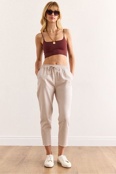 Olalook Women's Stone Waist Elastic Tasseled Gabardine Carrot Trousers Pnt-19000343
