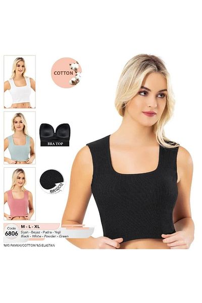 Cansoy Wide Collar Combed Cotton Camisole with Pad White Crop 6806