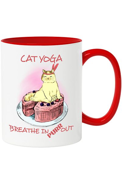 StoryGift Romania Mug with cat on a cake with the message "Cat Yoga, Breathe In, Purr Out", meditation, With ,STG.