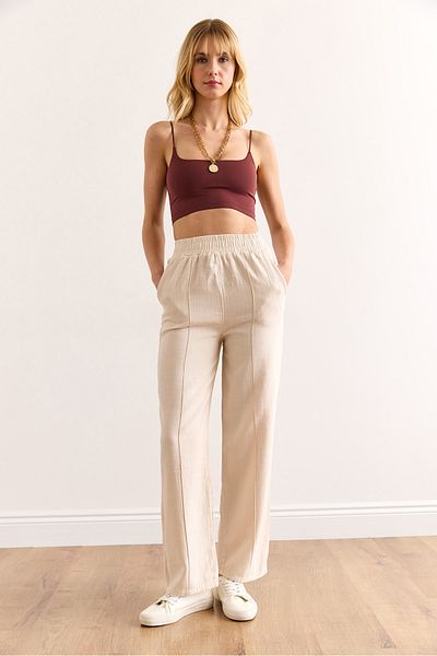 Olalook Women's Stone Waist Elastic Front Stitched Washable Buckle Linen Trousers Pnt-19000342