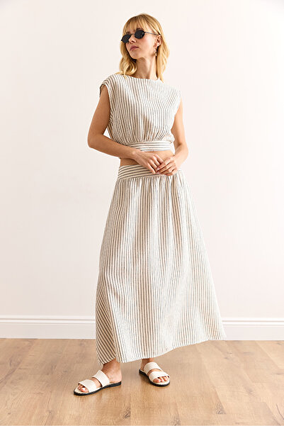 Olalook Women's Black Striped Side Zipper Midi Bell Muslin Skirt Etk-19000320