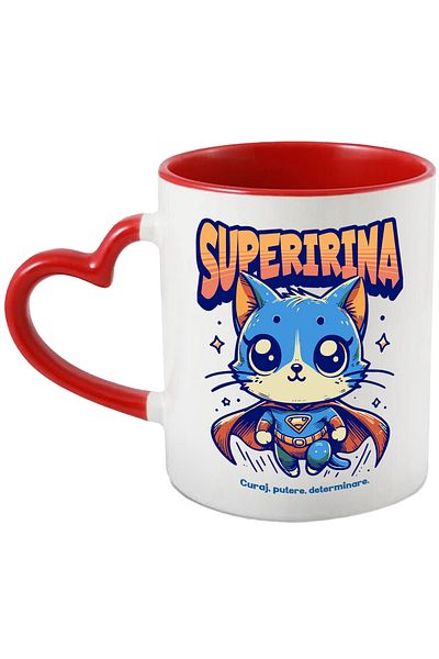 StoryGift Romania Super Irina Mug, Superhero, Flying Cat, 330ml, Ceramic with Red Heart Handle, With,STG.