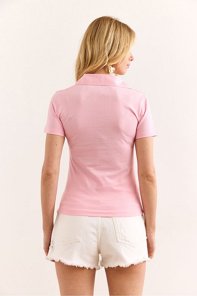 Olalook Women's Candy Pink Polo Neck Zippered T-Shirt Tsh-19000907
