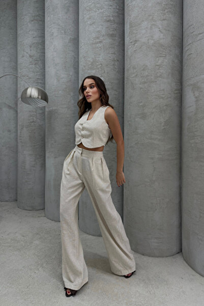 Bliss Women's Cream Linen Bottom Top Set – Wide Leg Pants & Vest