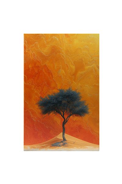 StoryGift Romania Tablou Canvas: Copac Singuratic Printre Dune De Nisi-fundal Portocaliu Aprins Ce Imită Un Apus