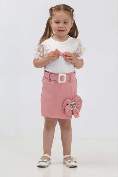 junior baby kids Girl's Tulle Short Sleeve Bow Detailed Belted Shorts Skirt Set