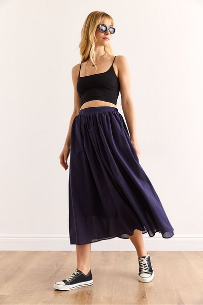 Olalook Women's Navy Blue Lined Side Zippered Cotton Midi Voile Skirt Etk-19000319