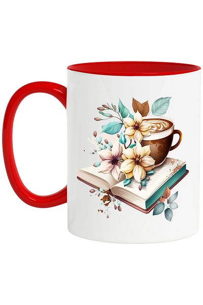 StoryGift Romania Mug with an open book on which a cup of coffee is placed | illustration | flor, Cu,STG.