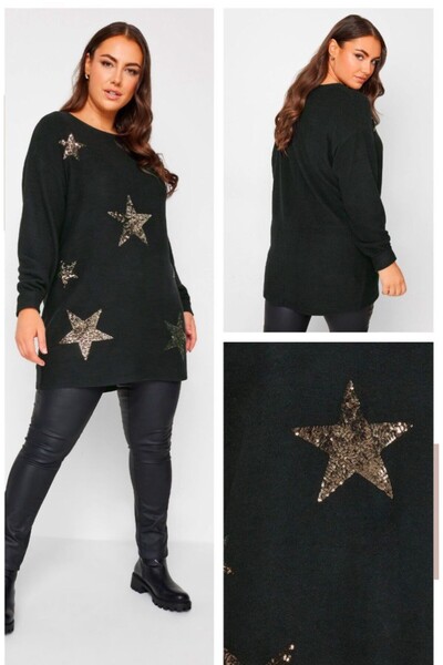 Sevda Kılınç Plus Size Star Detailed Tunic Sweater
