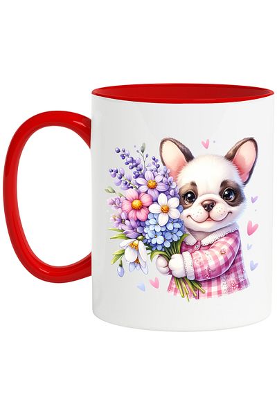 StoryGift Romania Mug with a happy puppy holding a bouquet of flowers | illustration | but for , With ,STG .