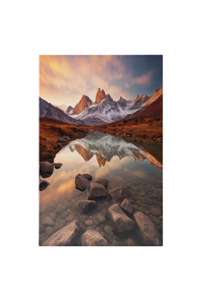 StoryGift Romania Tablou Canvas: Peisaj Cu Munti Si Izvor - Pietre Apus De Soare Zapada Pictura Digitala