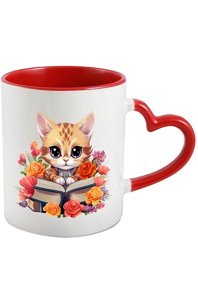 StoryGift Romania Mug with a kitten holding an open book | illustration | flowers | reading | p, With ,STG.
