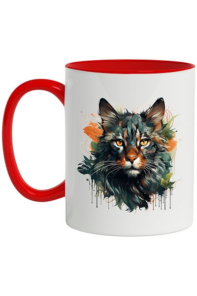 StoryGift Romania Cat Head Mug, mosaic, Leaves, Paint, Abstract, Multicolor 330 ml, Wax, With ,STG.