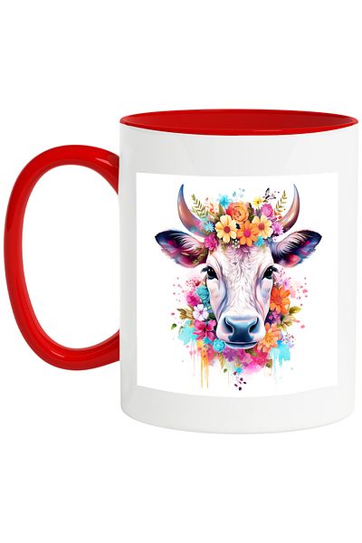 StoryGift Romania Mug With A Cow's Head | Illustration | Nature | Various Colored Flowers | Abstract, With ,stg