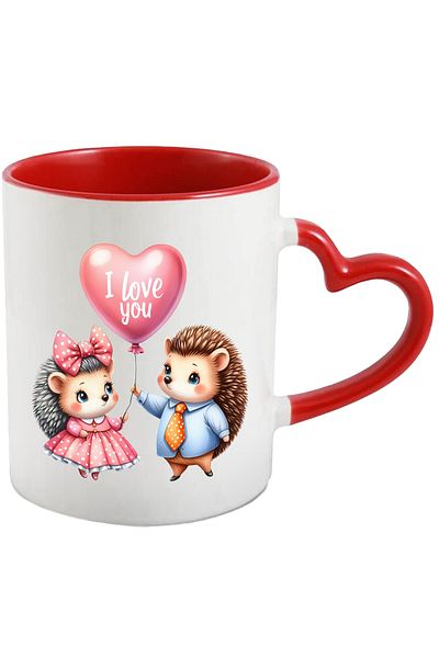 StoryGift Romania Mug with 2 shy hedgehogs | illustration | dress | pink | white polka dots | balloon with mes, With,STG.