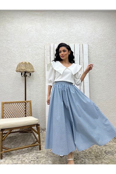 KÜÇÜĞÜM BUTİK Fusta din popelin evazată de culoare albastră cu buline